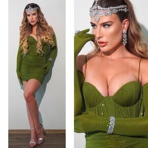 ALEX PERRY Sweetheart Ruched Crystal Jersey Bustier Fern Green Mini Dress Sz 6